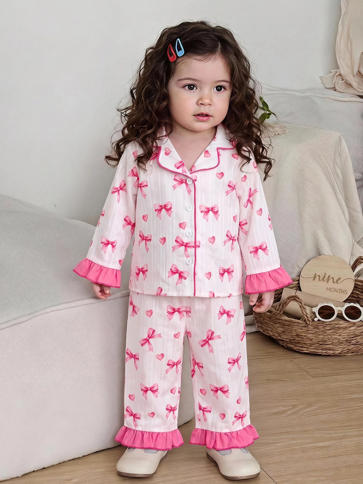 Baby Girl Bow Print Contrast Piping Ruffle Trim PJ Set White