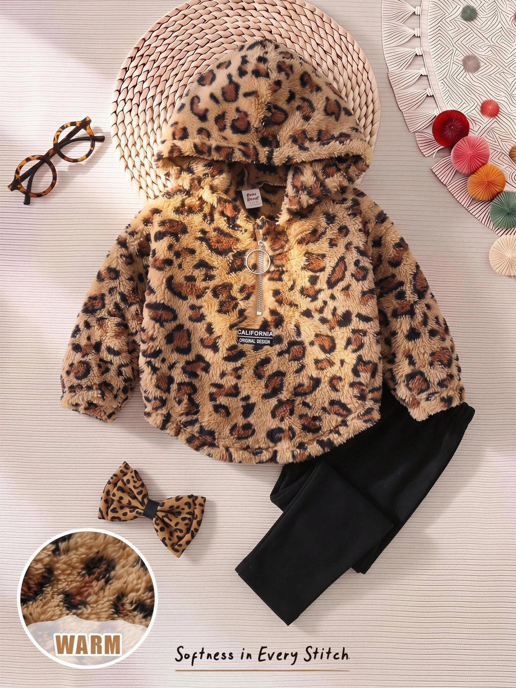 Ensemble 2 pièces legging et sweat à capuche en peluche à motif pour bébé fille