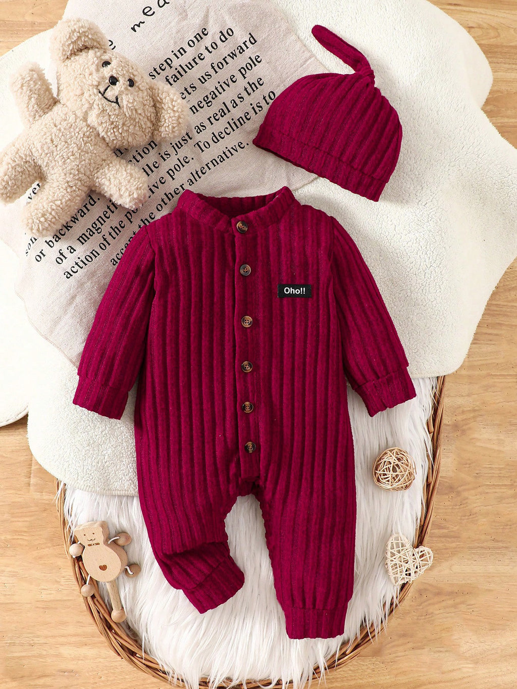 Baby Boy Burgundy Patch Letter Casual Jumpsuit Burgundy