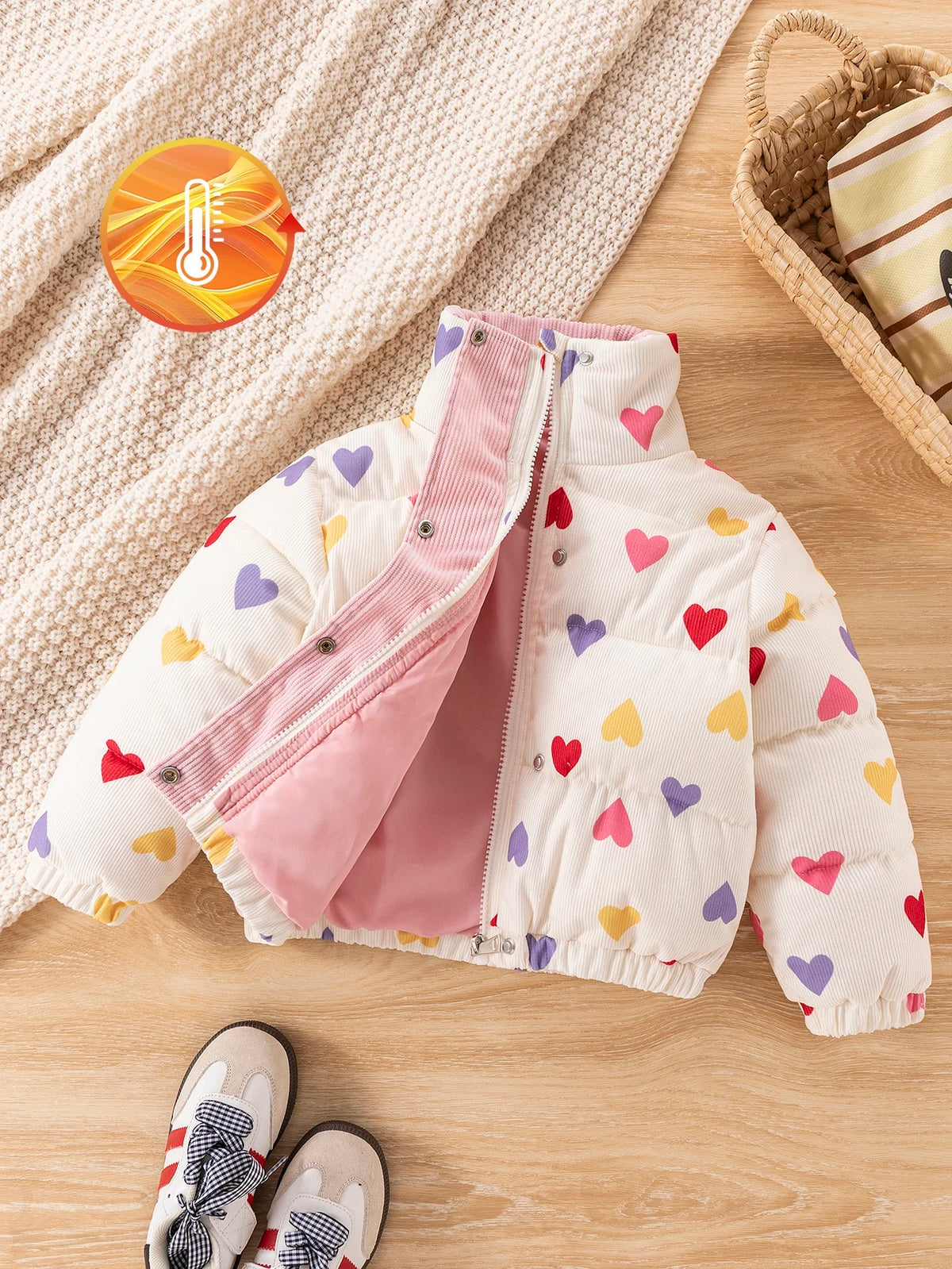 Young Girl Heart Print Corduroy Thickened Padded Coat