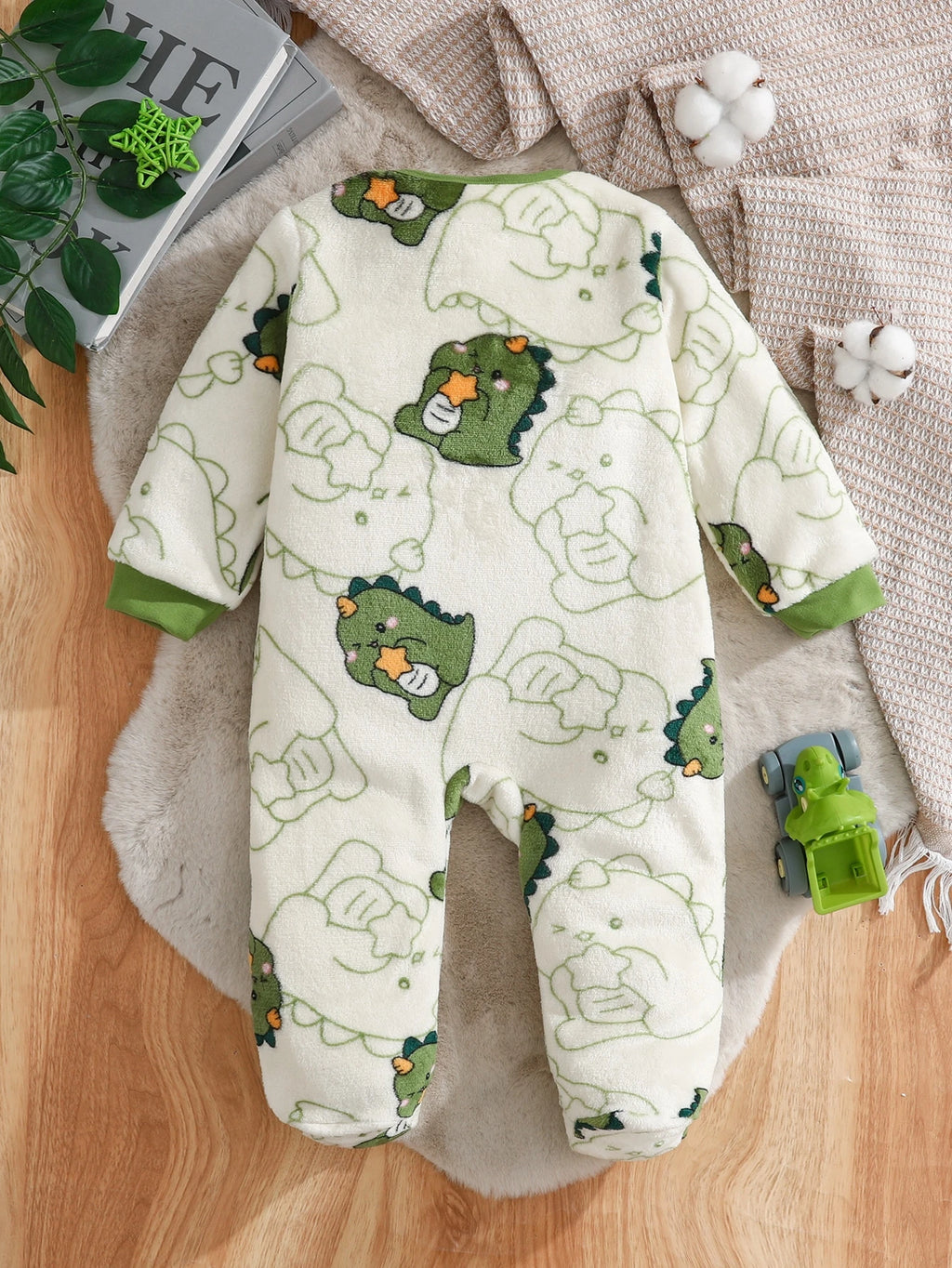 Newborn Baby Boy Dinosaur Thermal Lined Jumpsuit