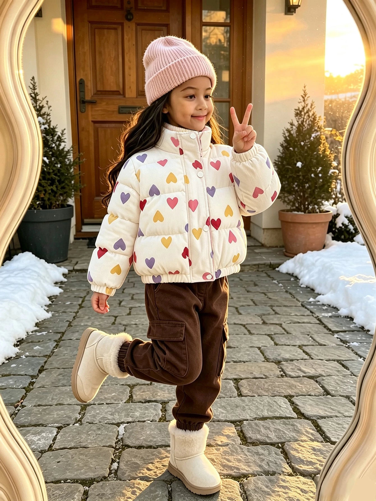 Young Girl Heart Print Corduroy Thickened Padded Coat