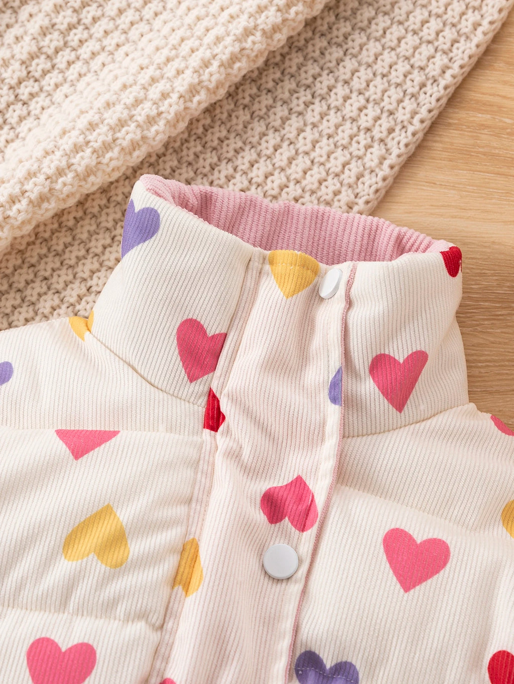 Young Girl Heart Print Corduroy Thickened Padded Coat