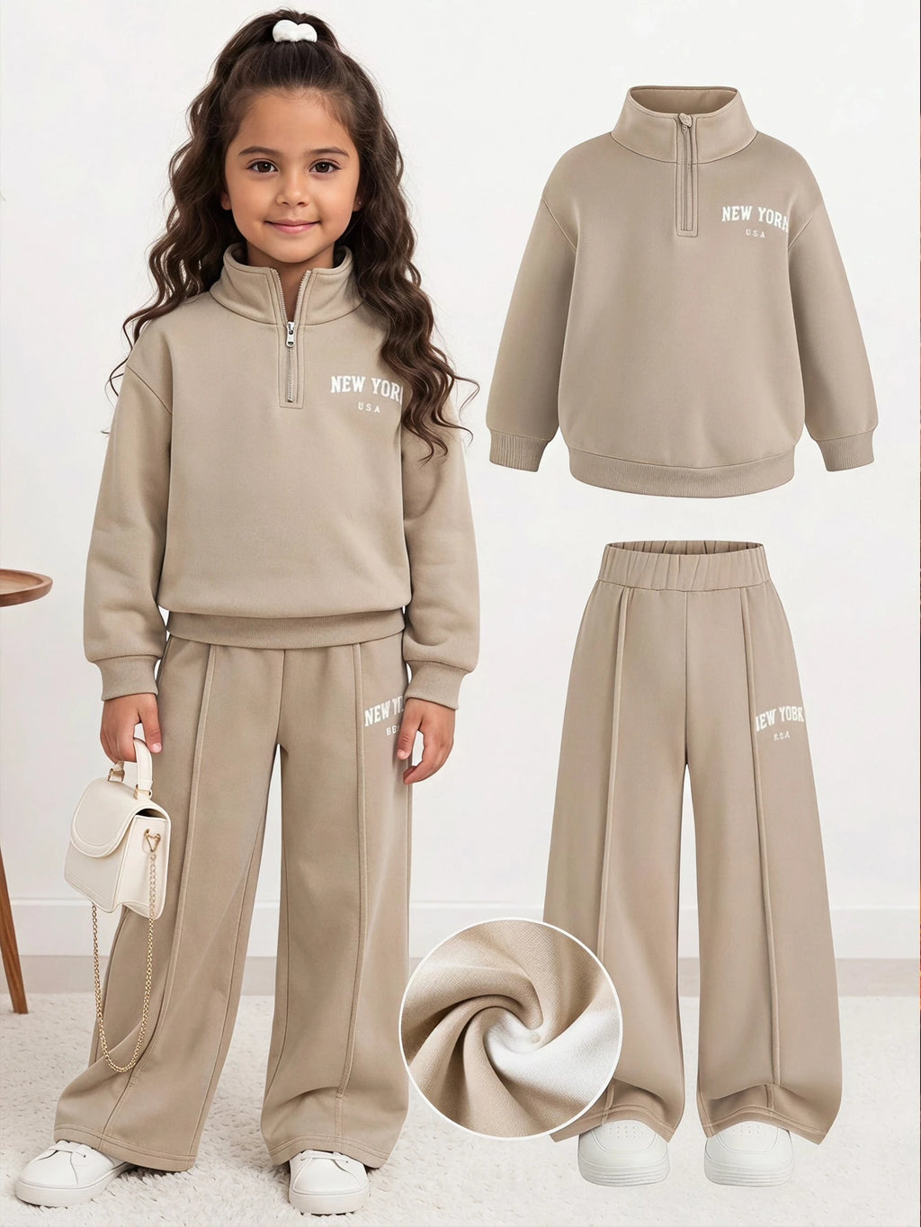 Young Girl Letter Embroidered Fleece Sweatshirt Set Khaki