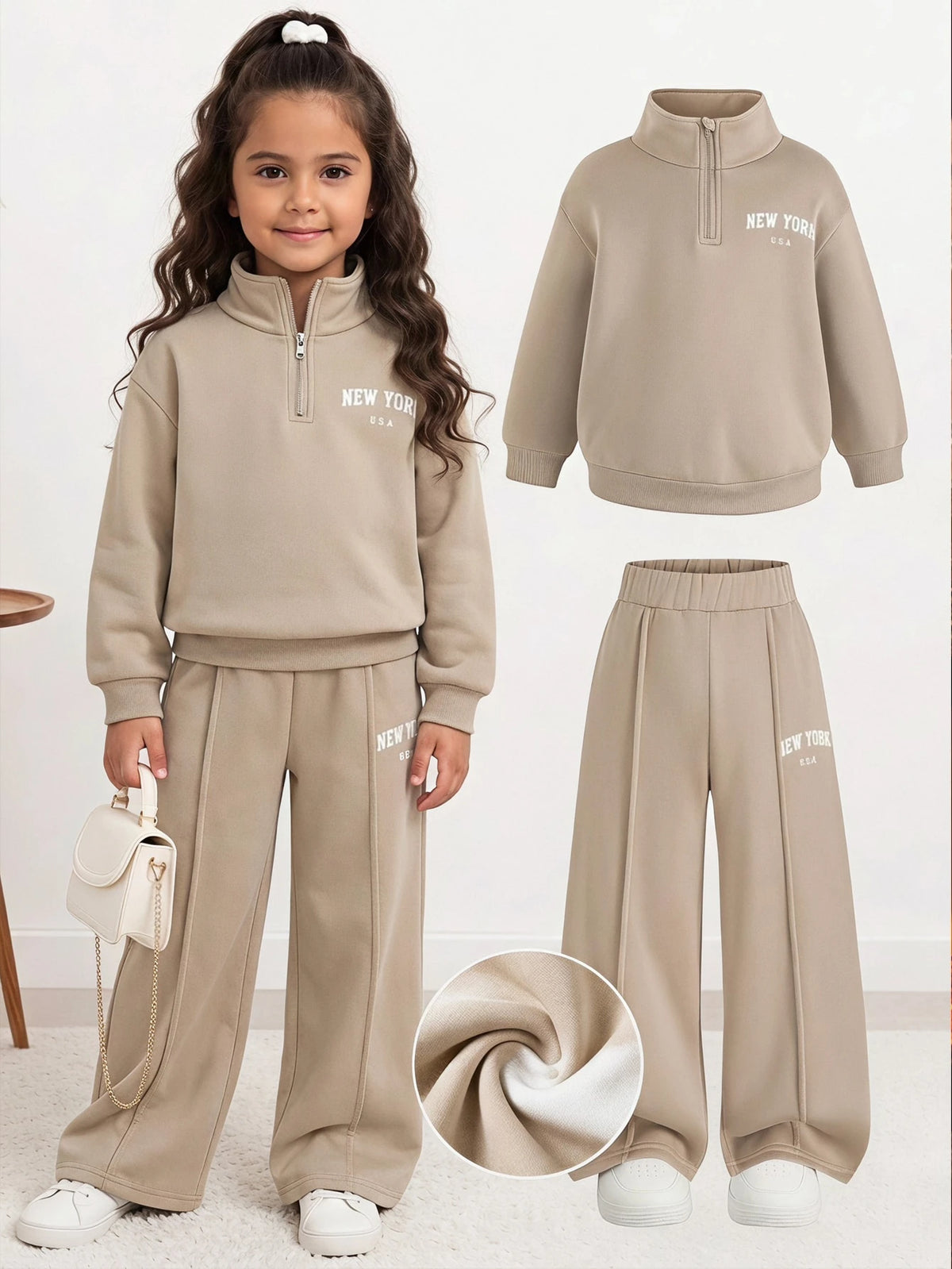 Young Girl Letter Embroidered Fleece Sweatshirt Set Khaki
