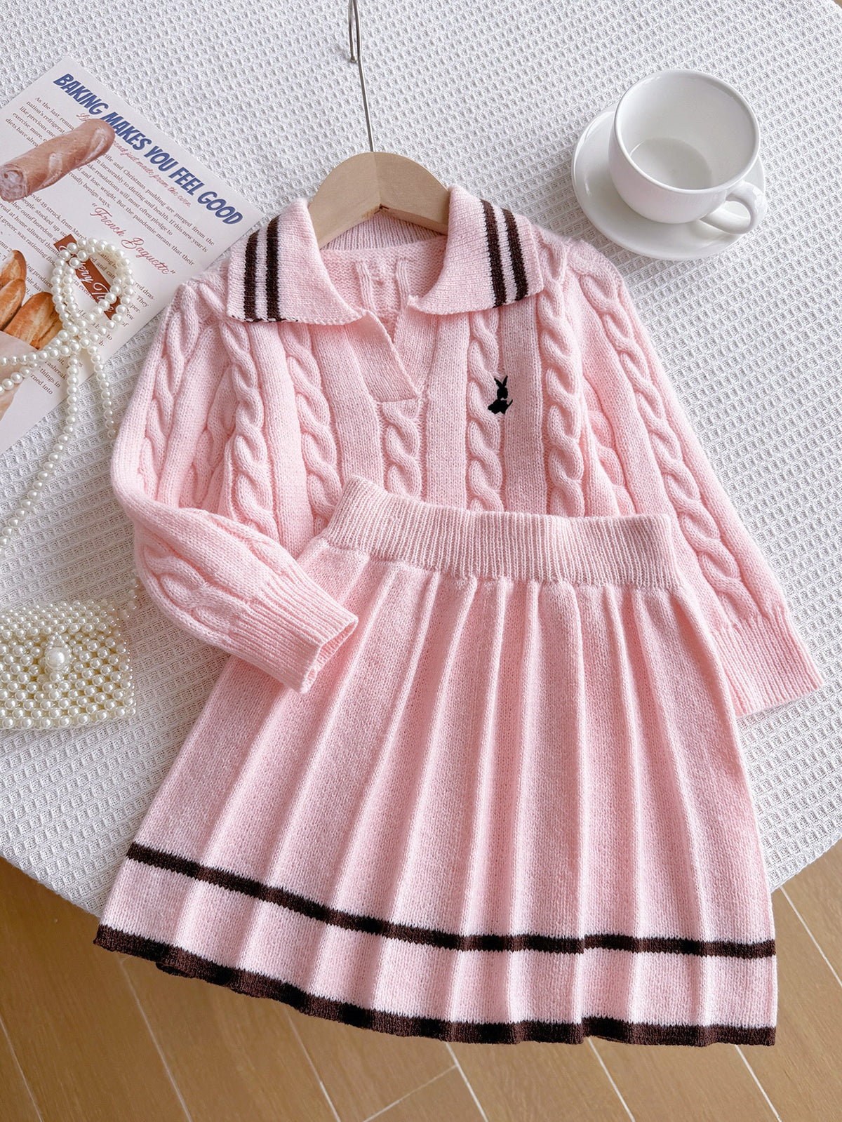 Girl Embroidered Rabbit Knitted Sweater Skirt 2 Piece Set
