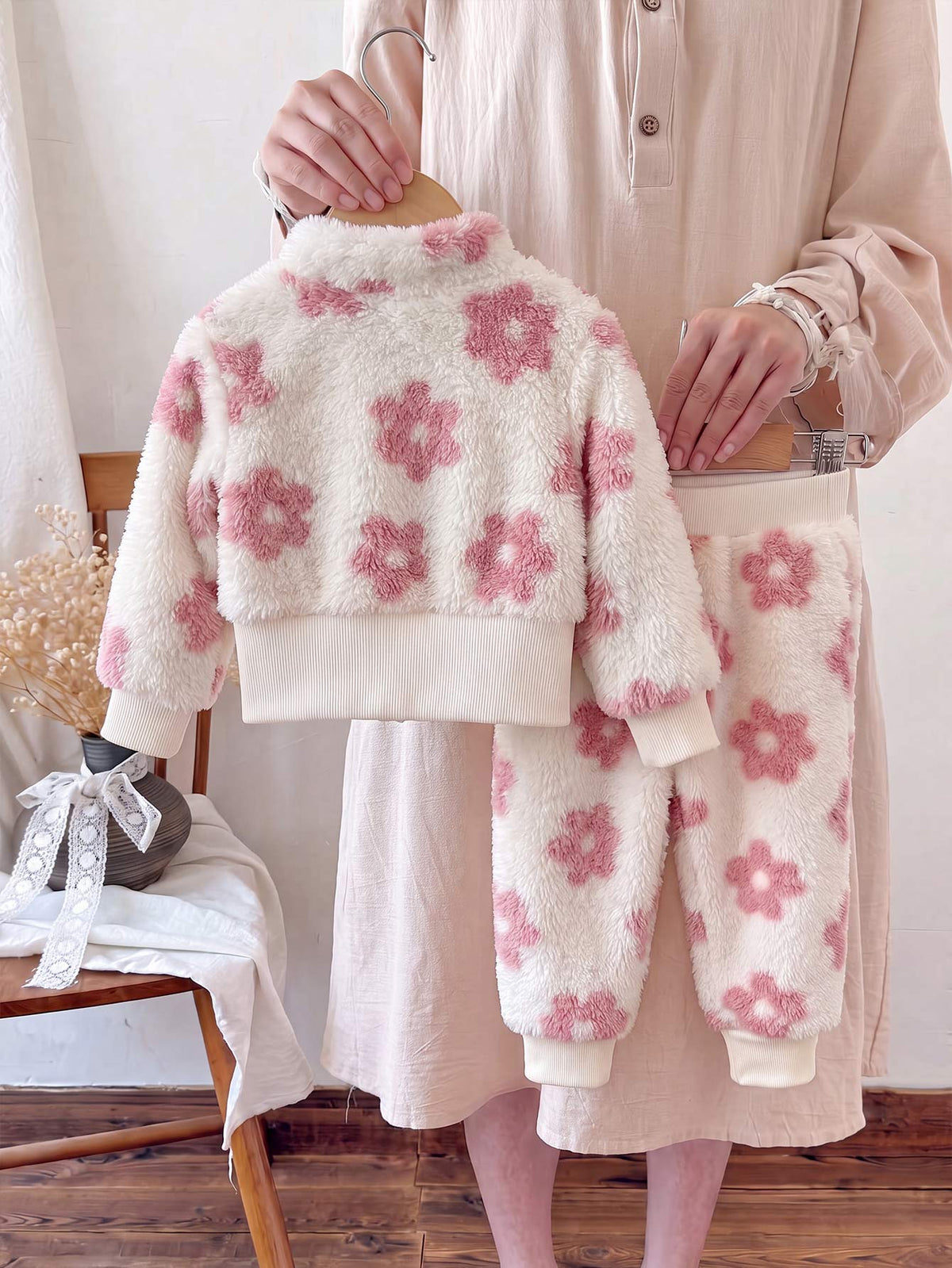 Baby Girl Fuzzy Floral Stand Collar Jacket Pants Set