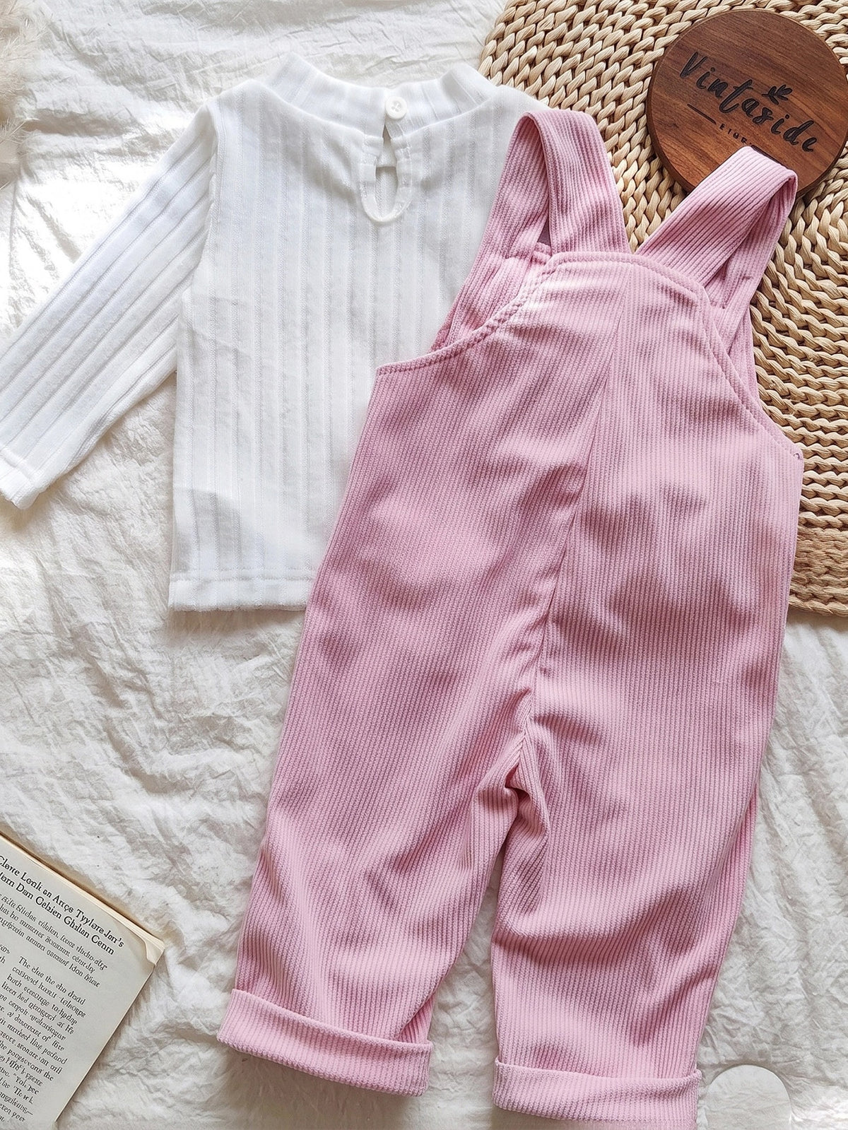Baby Girl Solid Long Sleeve Top Rabbit Bib Pants Set