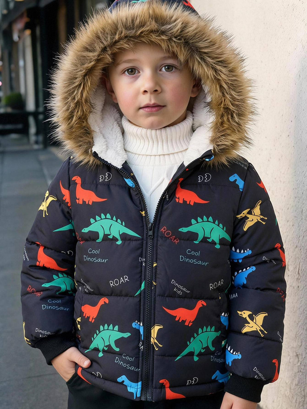 Bambinoo x Cozy Pixies Boys' Dinosaur Print Hooded Thermal Puffer Coat