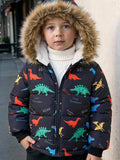 Bambinoo x Cozy Pixies Boys' Dinosaur Print Hooded Thermal Puffer Coat