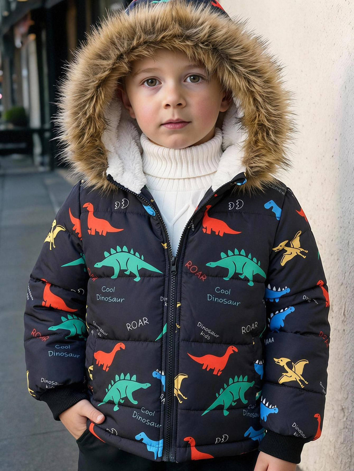 Bambinoo x Cozy Pixies Boys' Dinosaur Print Hooded Thermal Puffer Coat