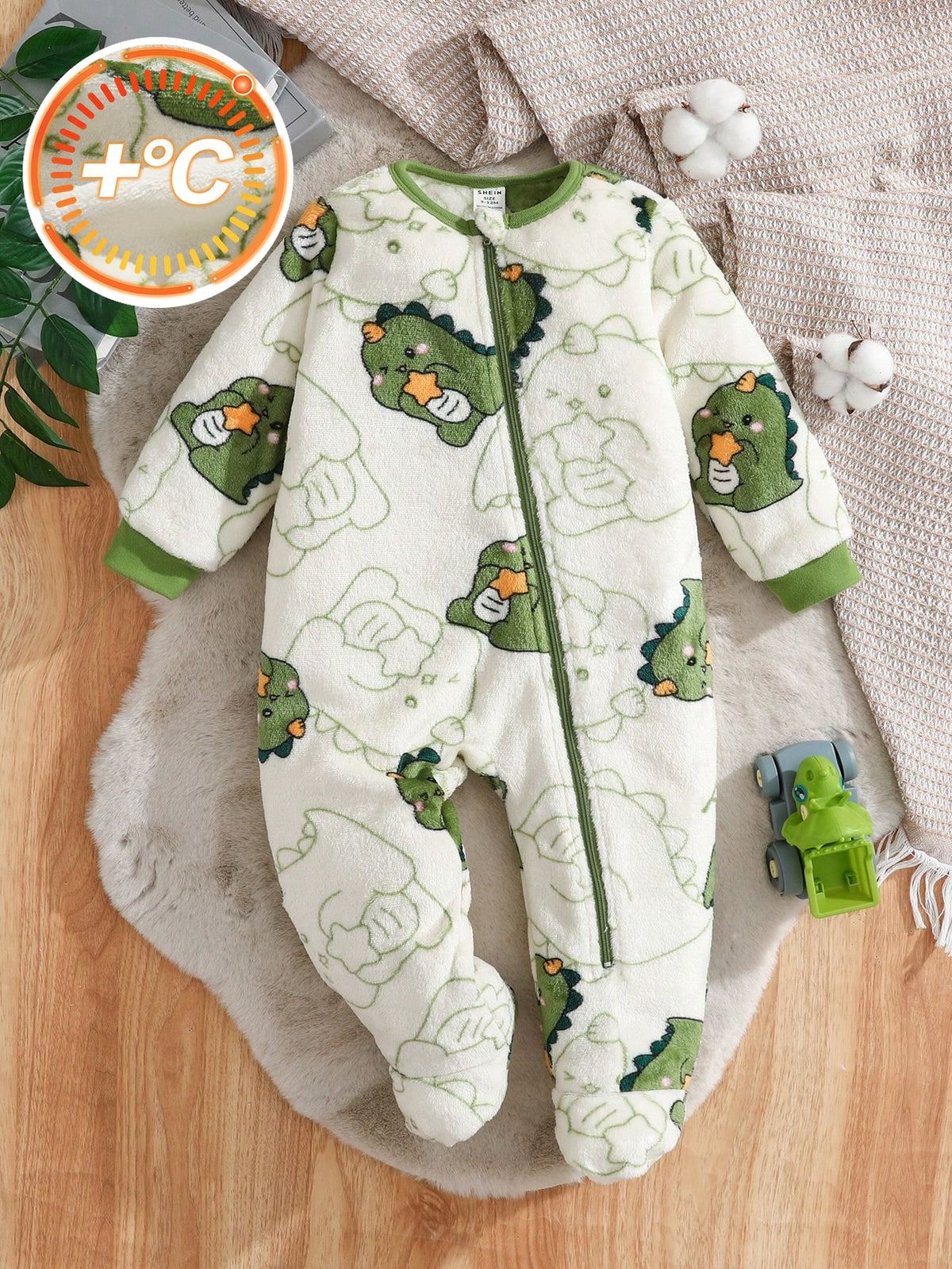 Newborn Baby Boy Dinosaur Thermal Lined Jumpsuit