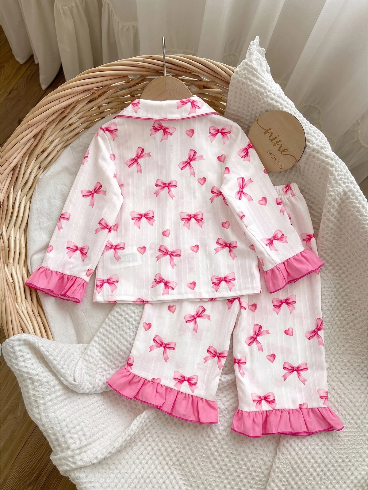 Baby Girl Bow Print Contrast Piping Ruffle Trim PJ Set White