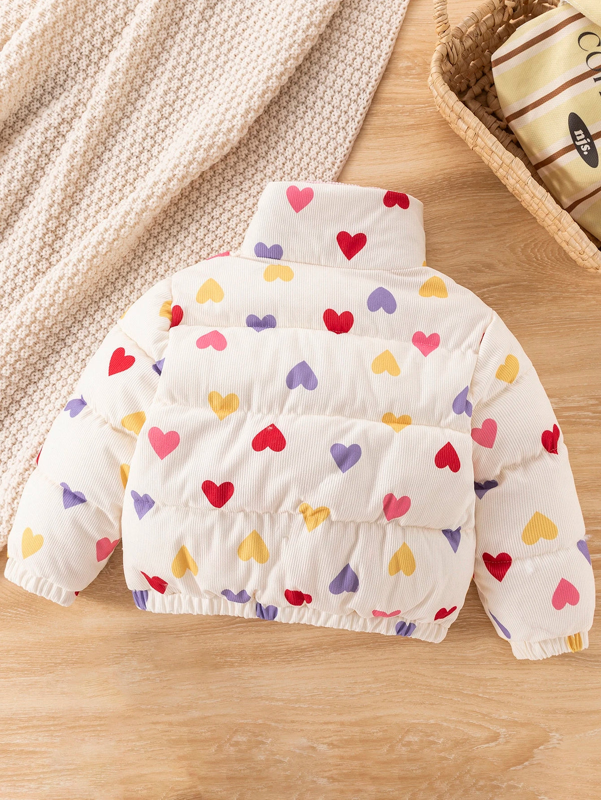 Young Girl Heart Print Corduroy Thickened Padded Coat