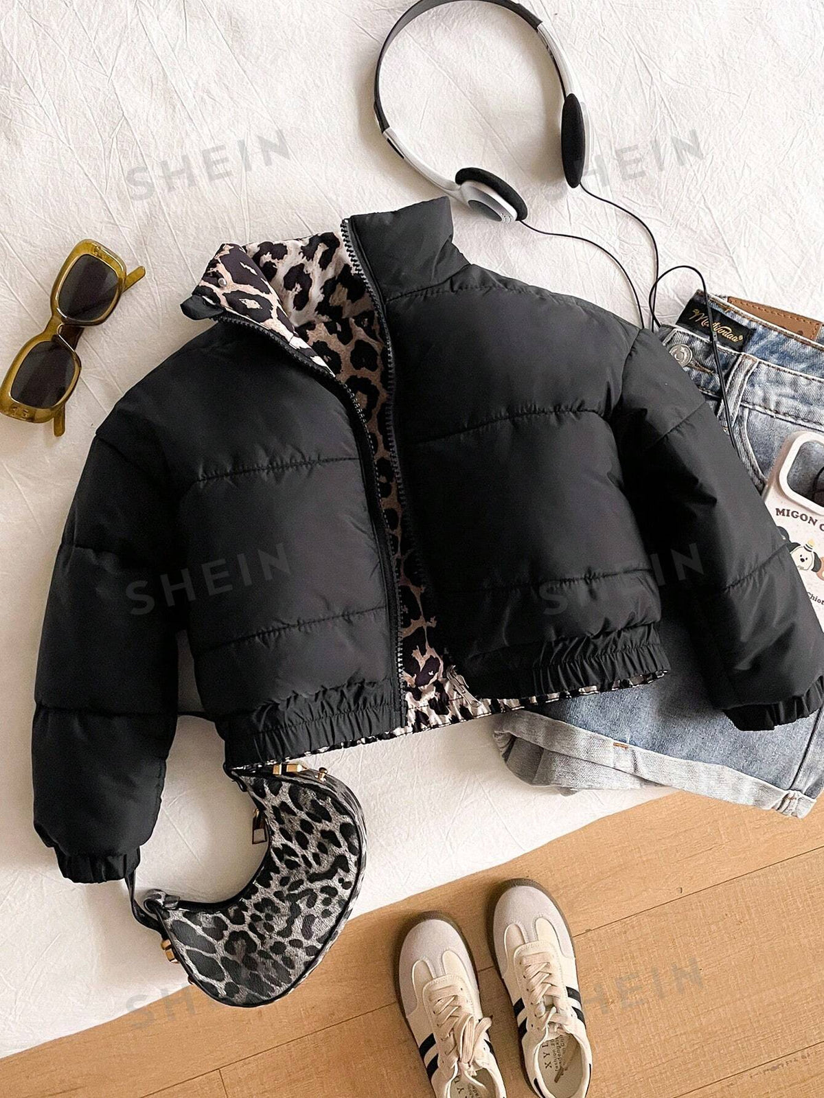 Young Girl Leopard Print Lined Zip Up Casual Jacket