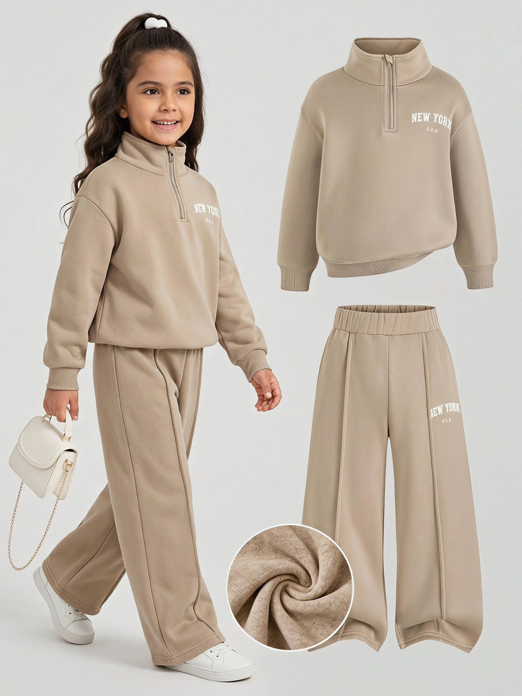 Young Girl Letter Embroidered Fleece Sweatshirt Set Khaki
