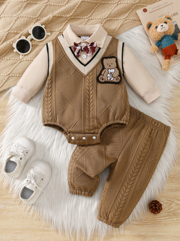 Baby Boy Bowknot Bear Embroidered Bodysuit Pants Set